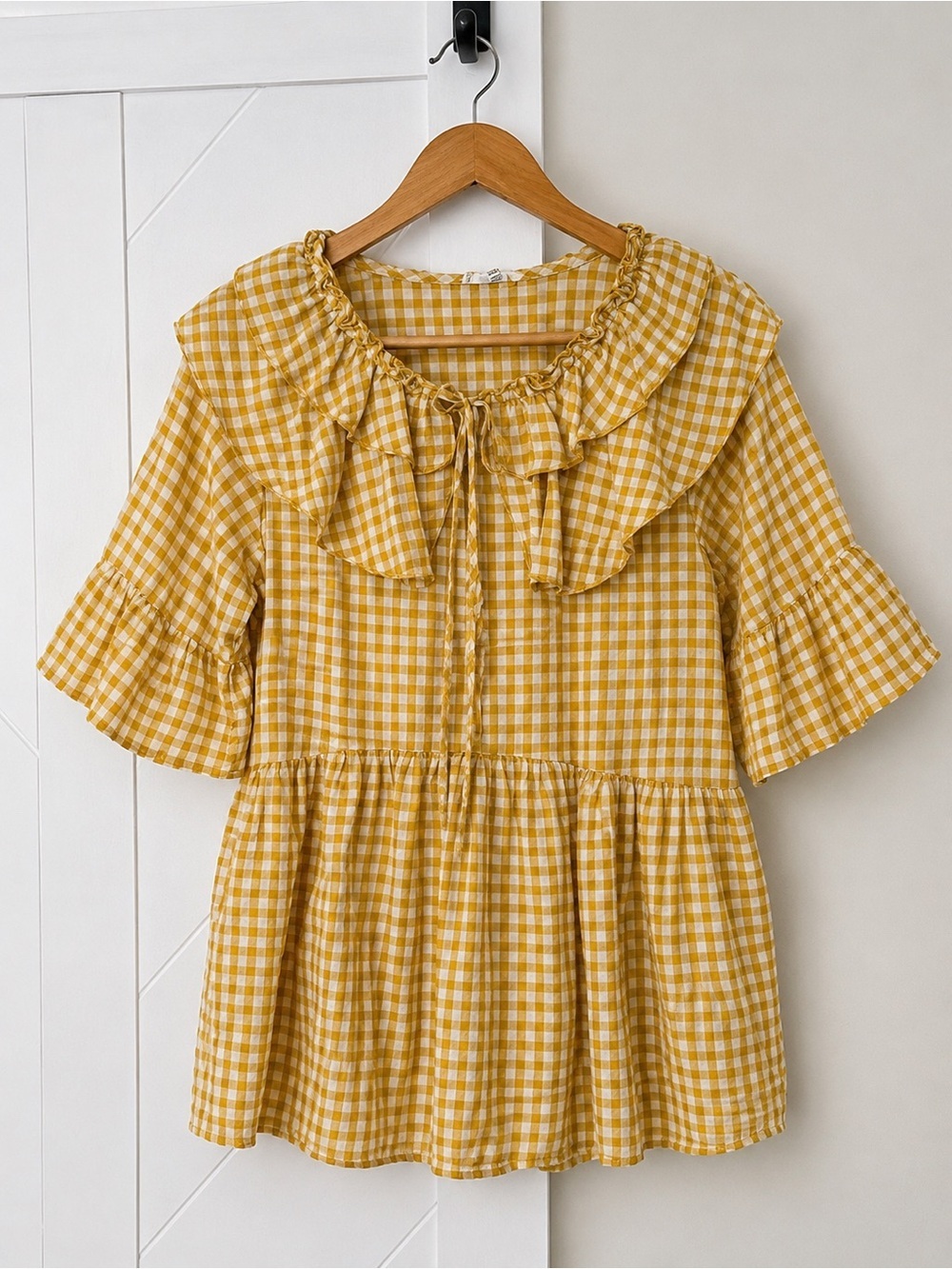 Easel Mustard Gingham Ruffle Babydoll Top Tunic Medium Cottagecore